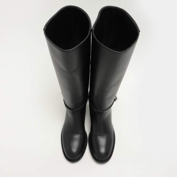 Pre Owned Burberry Black Leather Knee Length Boots Size 36