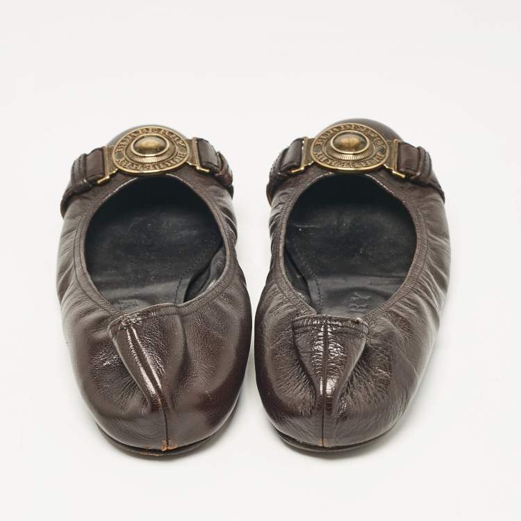 Pre Owned Burberry Dark Brown Leather Buckle Detail Scrunch Ballet Flats Size 39