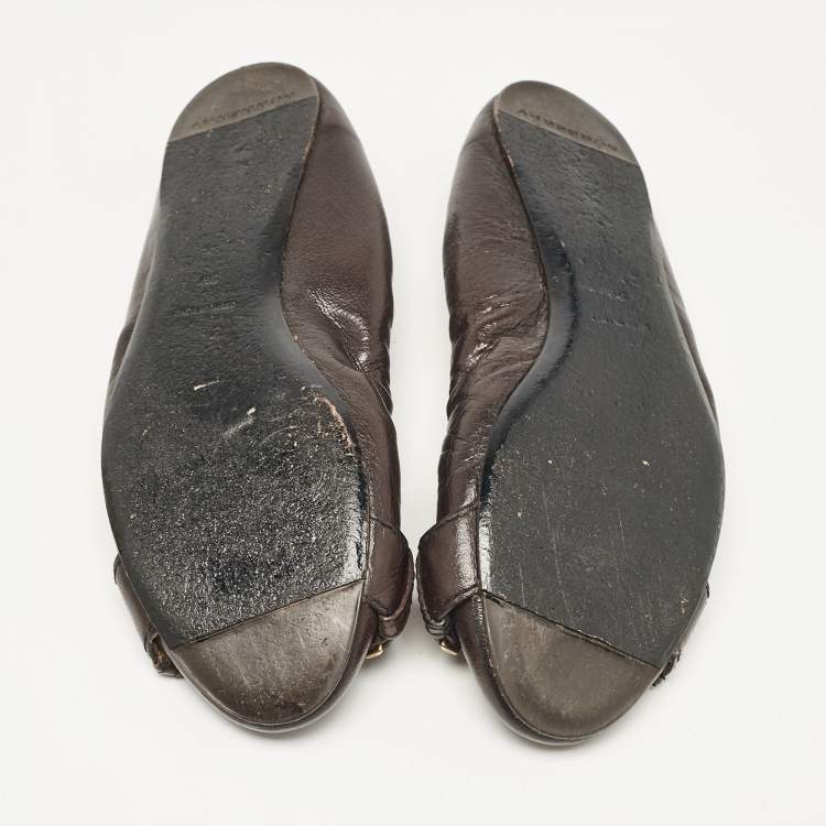 Pre Owned Burberry Dark Brown Leather Buckle Detail Scrunch Ballet Flats Size 39