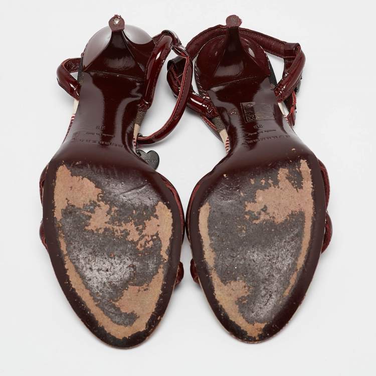 Pre Owned Burberry Burgundy Patent Leather Heart Chain Detail Ankle Strap Sandals Size 38