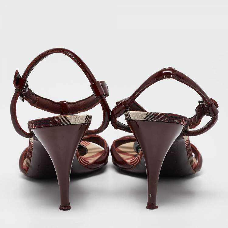 Pre Owned Burberry Burgundy Patent Leather Heart Chain Detail Ankle Strap Sandals Size 38