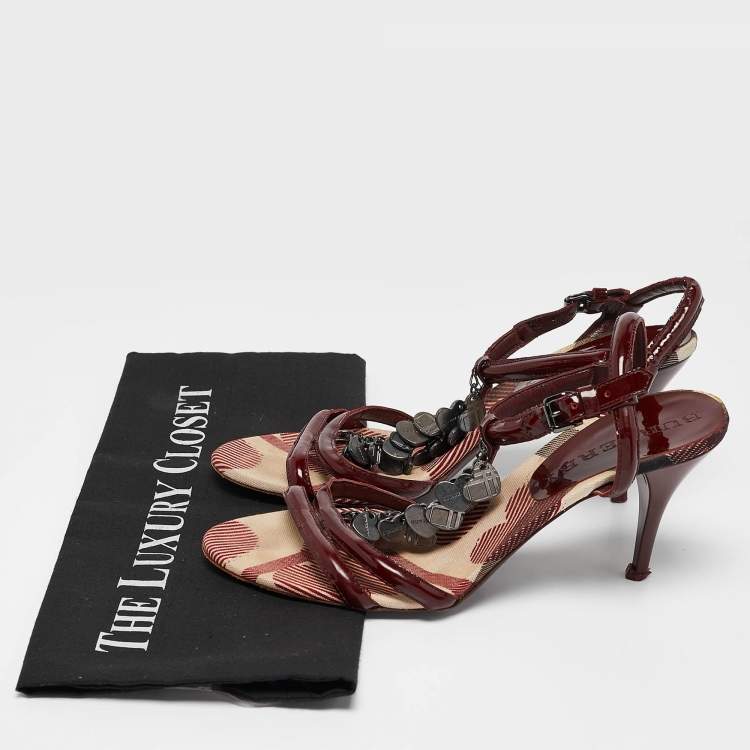 Pre Owned Burberry Burgundy Patent Leather Heart Chain Detail Ankle Strap Sandals Size 38