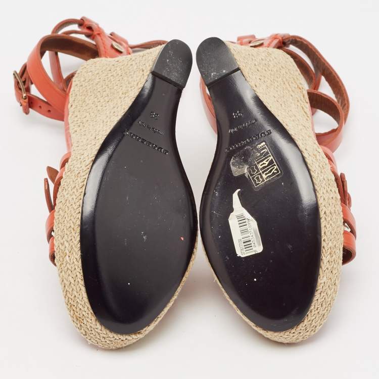 Pre Owned Burberry Orange Leather Espadrille Wedge Ankle Wrap Sandals Size 38