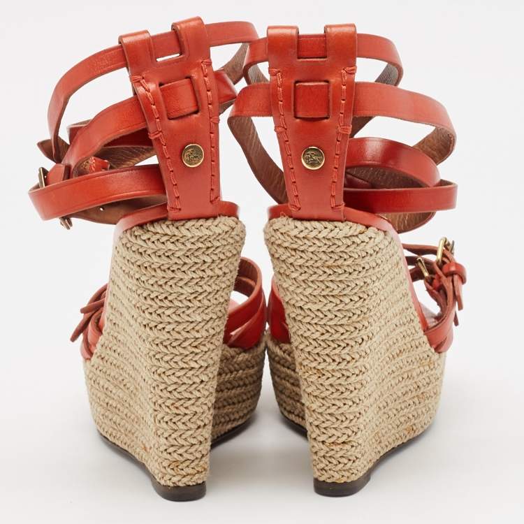 Pre Owned Burberry Orange Leather Espadrille Wedge Ankle Wrap Sandals Size 38