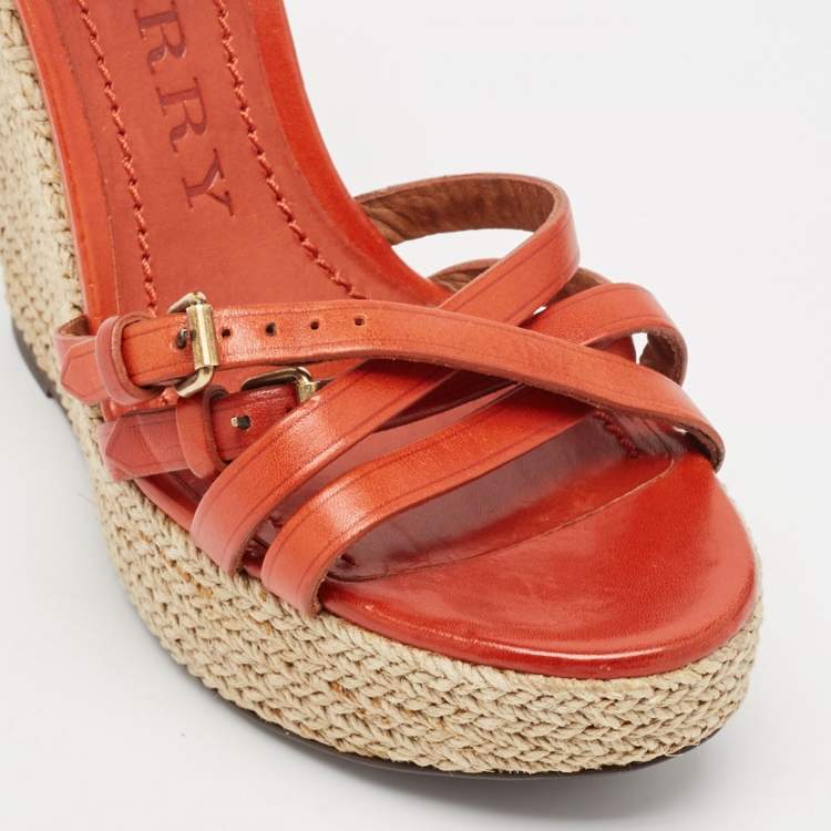 Pre Owned Burberry Orange Leather Espadrille Wedge Ankle Wrap Sandals Size 38