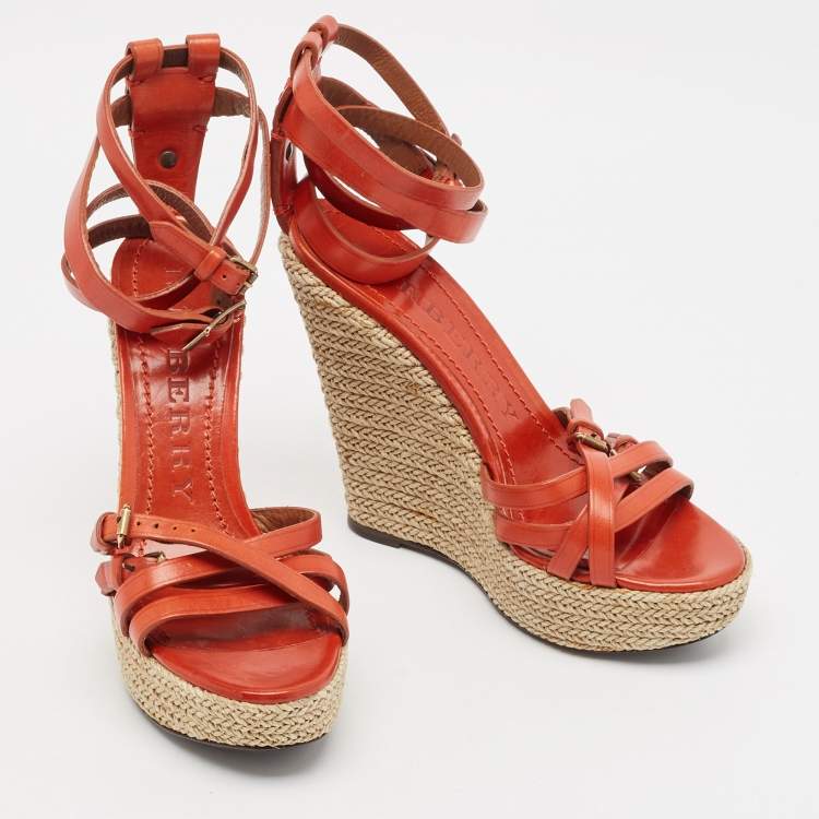 Pre Owned Burberry Orange Leather Espadrille Wedge Ankle Wrap Sandals Size 38