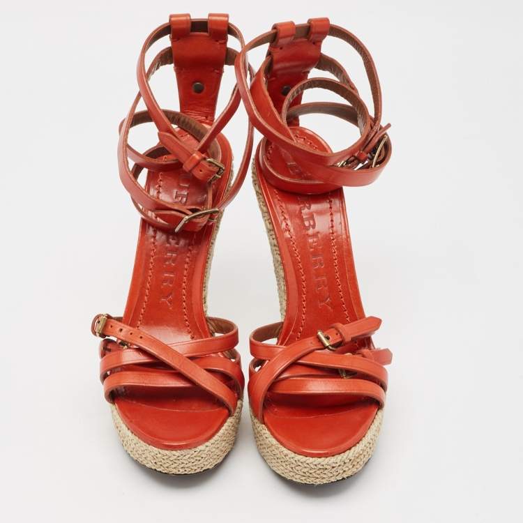 Pre Owned Burberry Orange Leather Espadrille Wedge Ankle Wrap Sandals Size 38