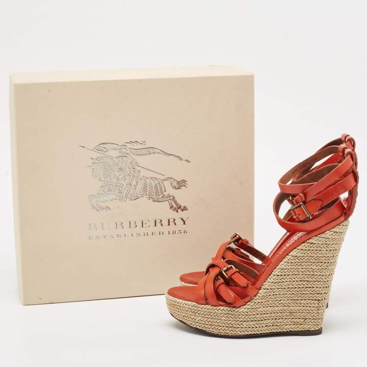 Pre Owned Burberry Orange Leather Espadrille Wedge Ankle Wrap Sandals Size 38