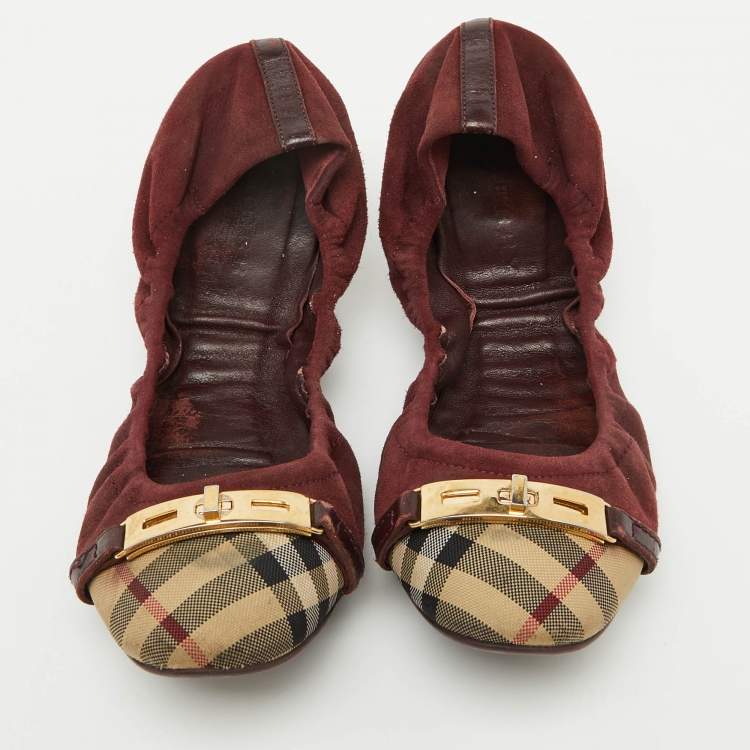Pre Owned Burberry Burgundy Suede and Nova Check Canvas Drayton Twistlock Scrunch Ballet Flats Size 39.5