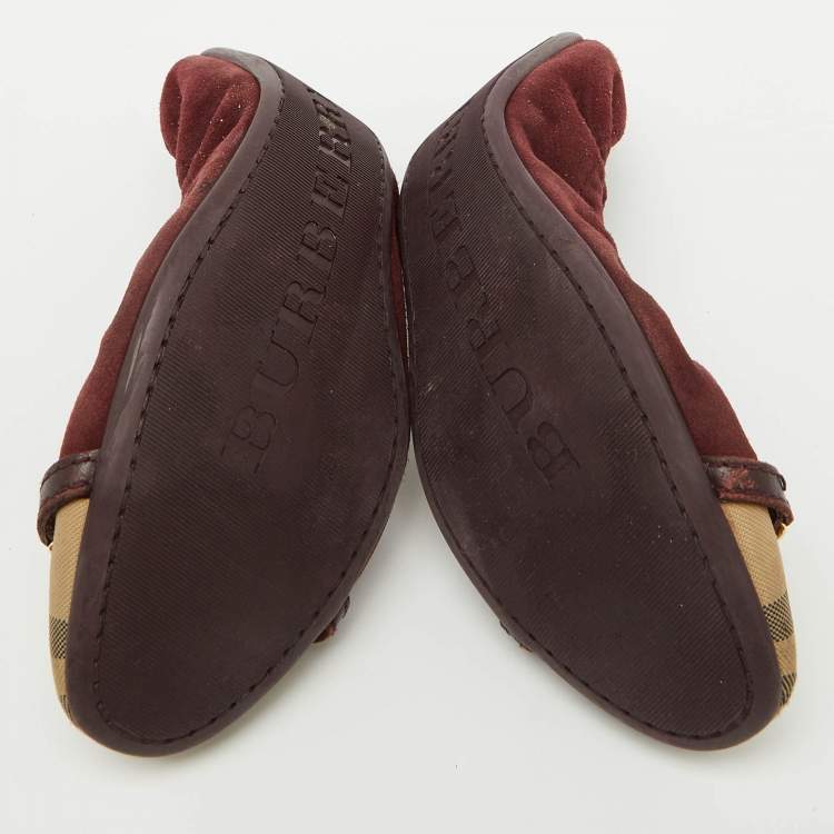 Pre Owned Burberry Burgundy Suede and Nova Check Canvas Drayton Twistlock Scrunch Ballet Flats Size 39.5