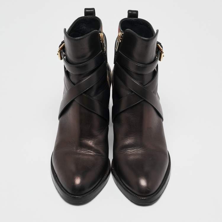 Pre Owned Burberry Black/Beige House Check Canvas and Leather Ankle Length Boots Size 39