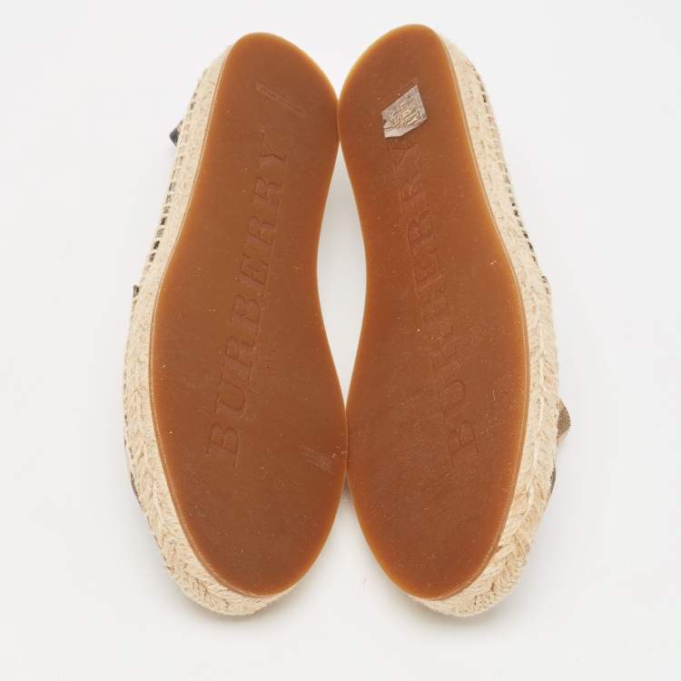 Pre Owned Burberry Beige/Black House Check Fabric and Leather Espadrille Flats Size 38