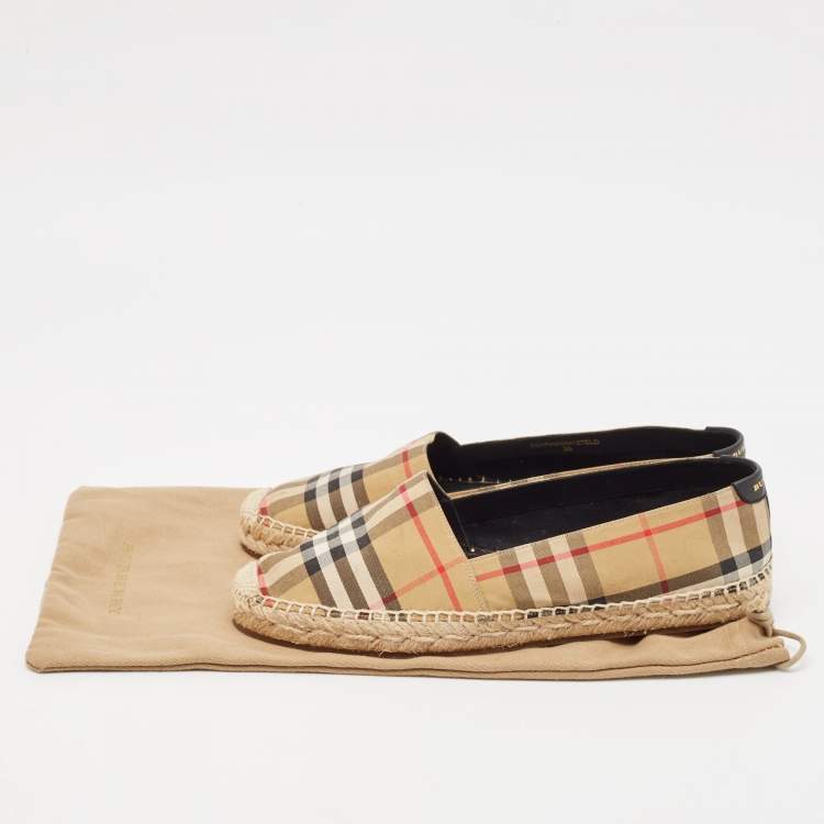 Pre Owned Burberry Beige/Black House Check Fabric and Leather Espadrille Flats Size 38