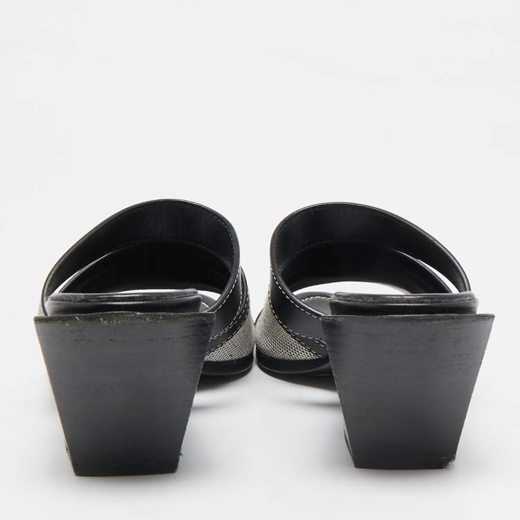 Pre Owned Burberry Black Canvas and Leather Honour Slide Sandals Size 38.5