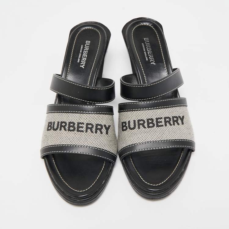 Pre Owned Burberry Black Canvas and Leather Honour Slide Sandals Size 38.5