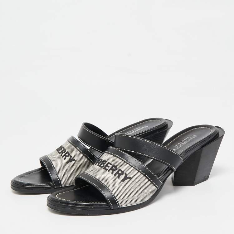 Pre Owned Burberry Black Canvas and Leather Honour Slide Sandals Size 38.5