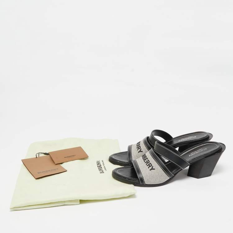 Pre Owned Burberry Black Canvas and Leather Honour Slide Sandals Size 38.5