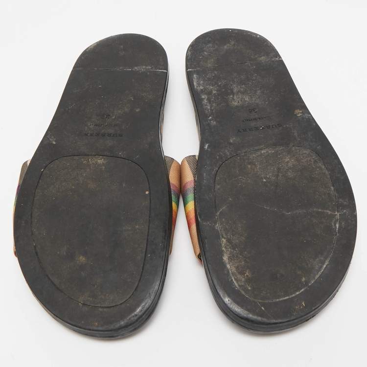 Pre Owned Burberry Beige Vintage Rainbow Check Canvas Ashmore Flat Slide Sandals Size 38