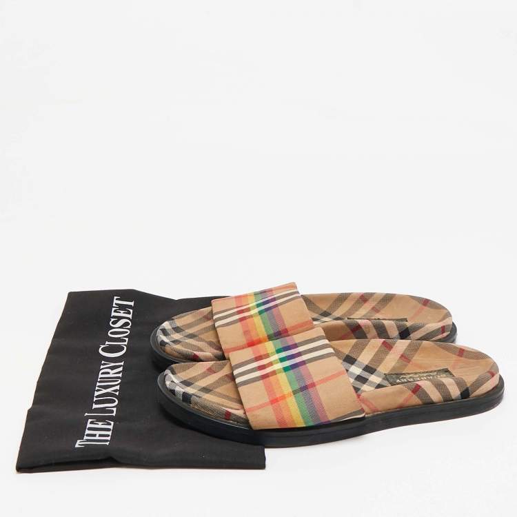 Pre Owned Burberry Beige Vintage Rainbow Check Canvas Ashmore Flat Slide Sandals Size 38