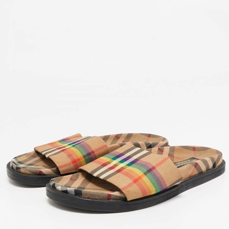 Pre Owned Burberry Beige Vintage Rainbow Check Canvas Ashmore Flat Slide Sandals Size 38
