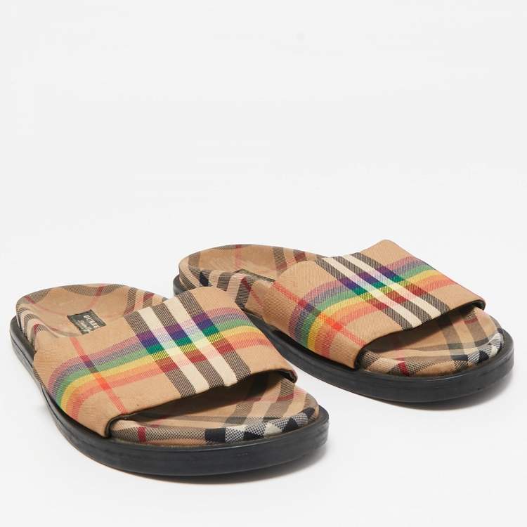 Pre Owned Burberry Beige Vintage Rainbow Check Canvas Ashmore Flat Slide Sandals Size 38