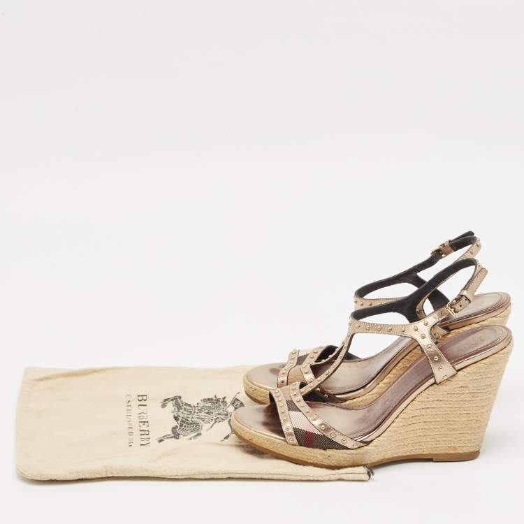 Pre Owned Burberry Beige/Brown Canvas and Leather Ankle Strap Espadrille Wedge Sandals Size 38.5