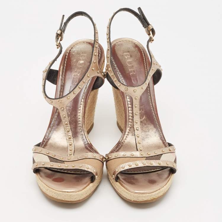 Pre Owned Burberry Beige/Brown Canvas and Leather Ankle Strap Espadrille Wedge Sandals Size 38.5