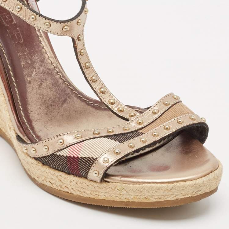 Pre Owned Burberry Beige/Brown Canvas and Leather Ankle Strap Espadrille Wedge Sandals Size 38.5