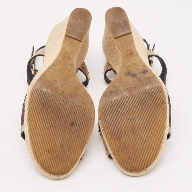Pre Owned Burberry Beige/Brown Canvas and Leather Ankle Strap Espadrille Wedge Sandals Size 38.5