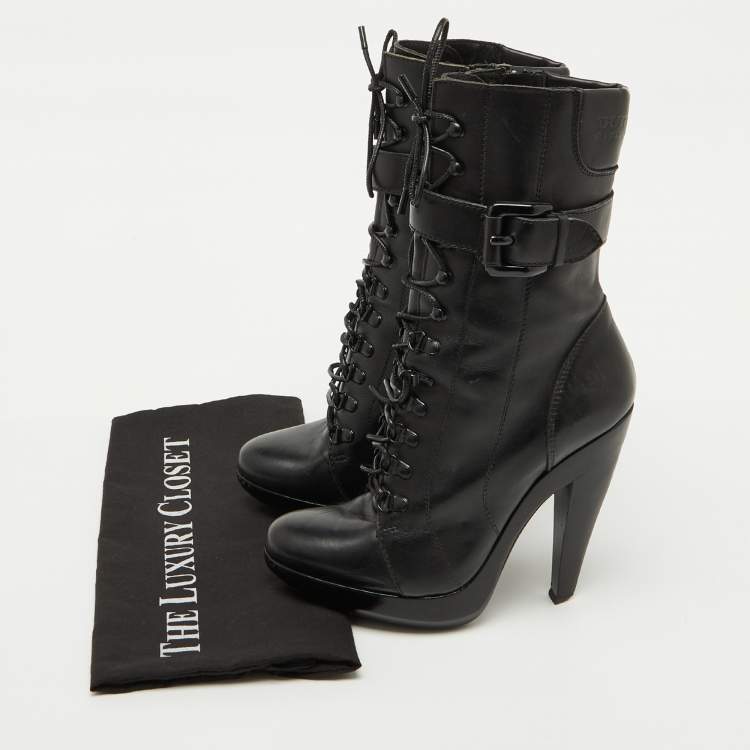 Pre Owned Burberry Black Leather Buckle Detail Mid Calf Platform Boots Size 37.5