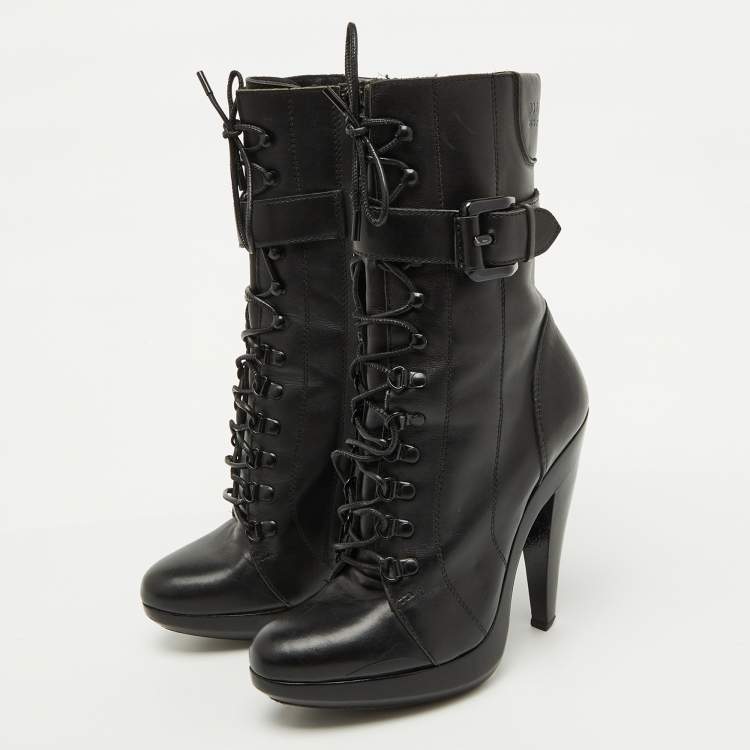 Pre Owned Burberry Black Leather Buckle Detail Mid Calf Platform Boots Size 37.5