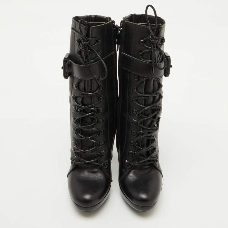 Pre Owned Burberry Black Leather Buckle Detail Mid Calf Platform Boots Size 37.5