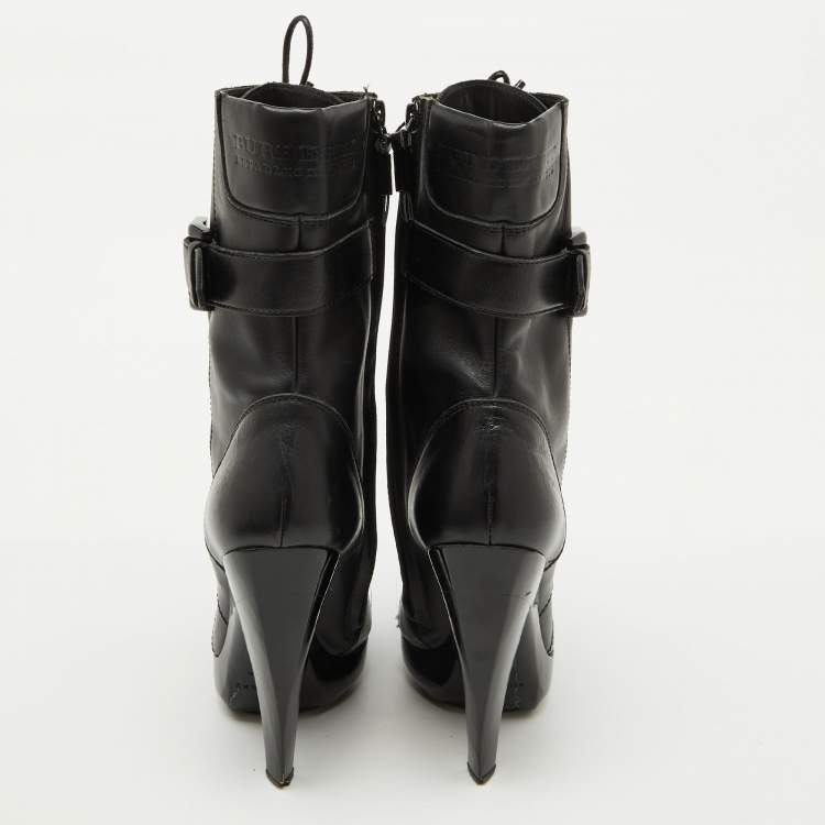 Pre Owned Burberry Black Leather Buckle Detail Mid Calf Platform Boots Size 37.5