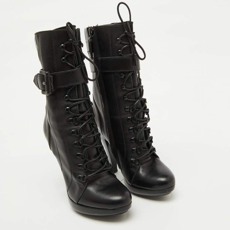 Pre Owned Burberry Black Leather Buckle Detail Mid Calf Platform Boots Size 37.5