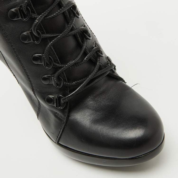 Pre Owned Burberry Black Leather Buckle Detail Mid Calf Platform Boots Size 37.5