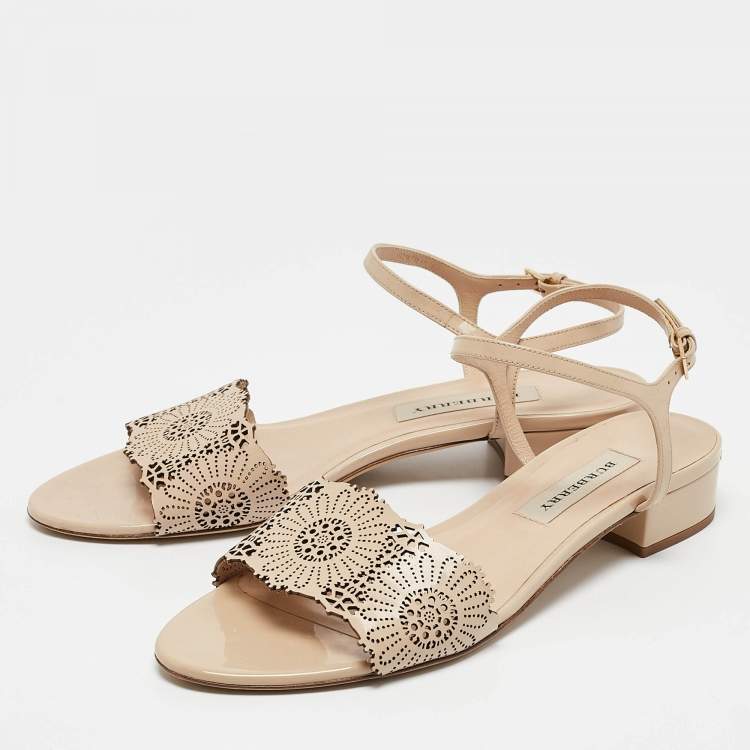 Pre Owned Burberry Beige Laser Cut Patent Leather Adenvale Ankle Strap Sandals Size 40