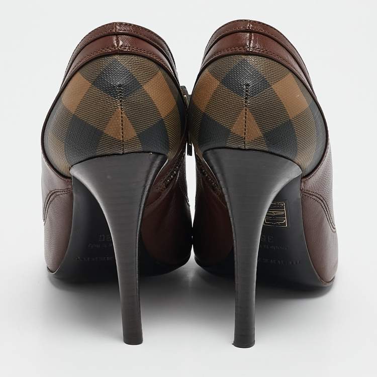 Pre Owned Burberry Brown Nova Check Coated Canvas and Leather High Cut Booties Size 36