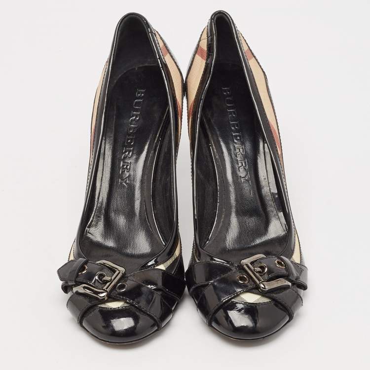 Pre Owned Burberry Black Canvas and Leather Pointed Toe Pumps Size 39.5