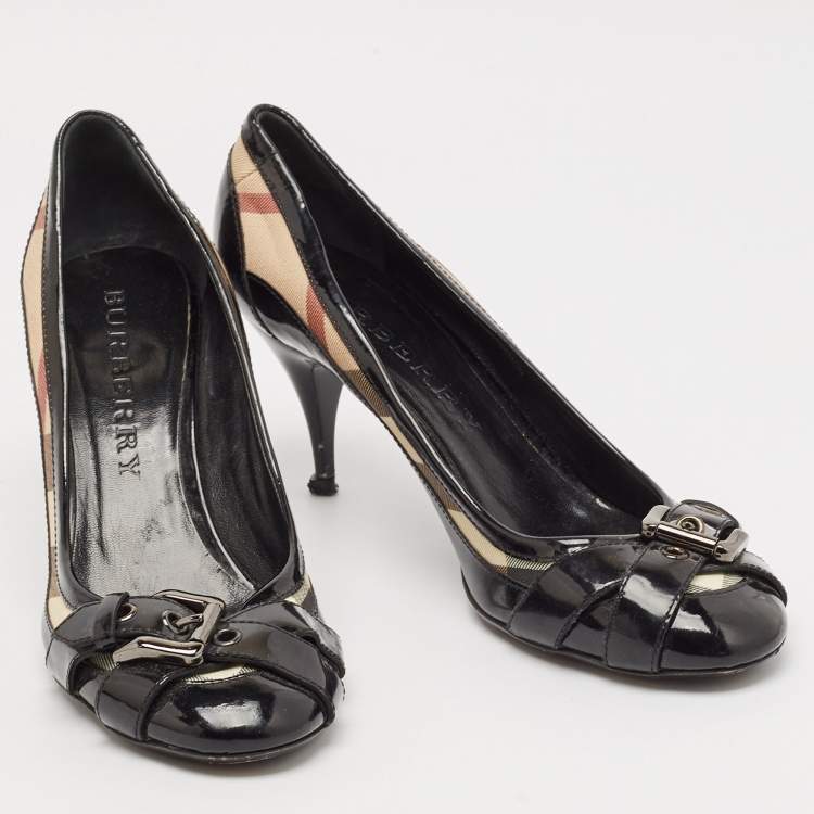 Pre Owned Burberry Black Canvas and Leather Pointed Toe Pumps Size 39.5
