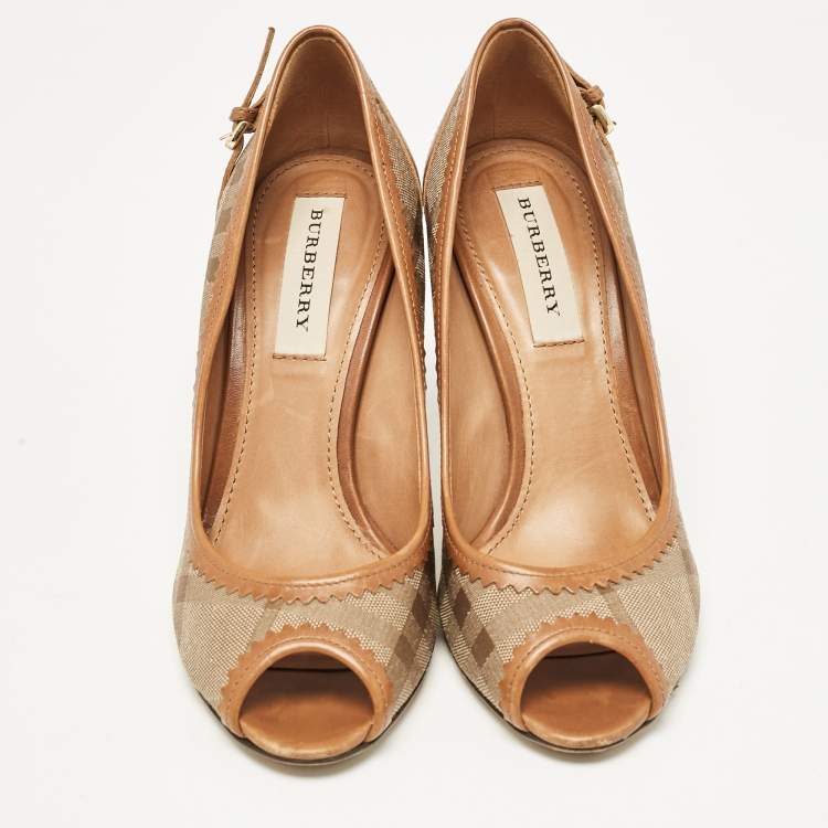 Pre Owned Burberry Brown Coated Canvas and Leather Ellaline Peep Toe Pumps Size 37