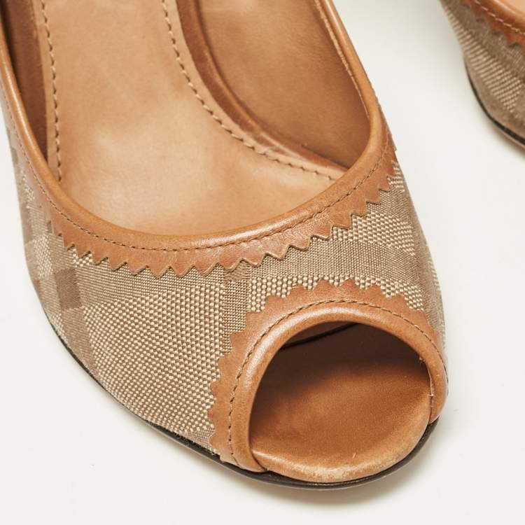 Pre Owned Burberry Brown Coated Canvas and Leather Ellaline Peep Toe Pumps Size 37