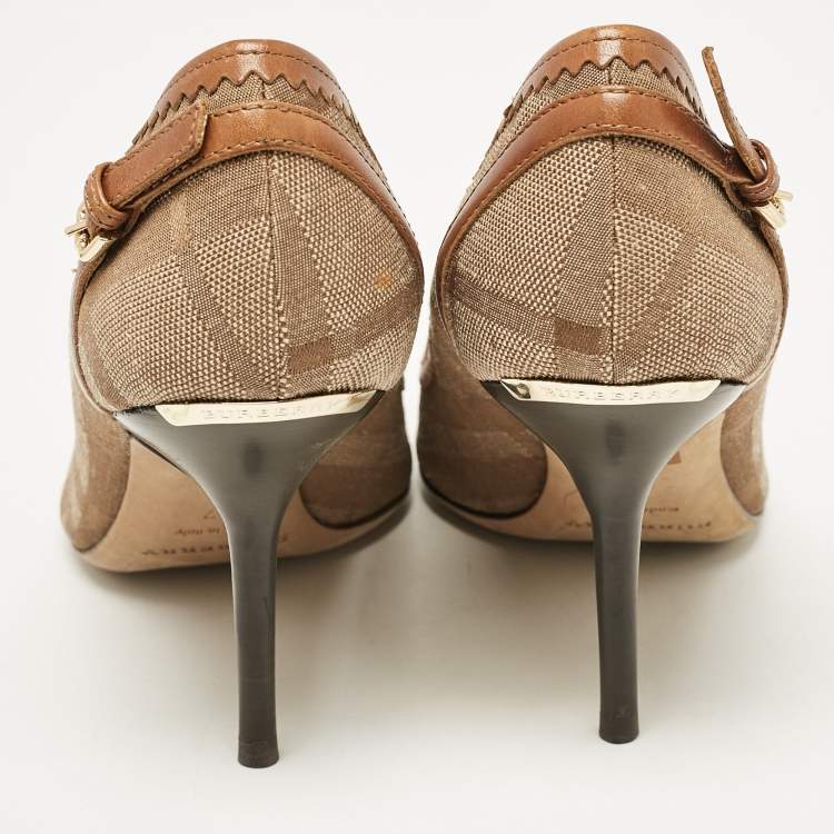 Pre Owned Burberry Brown Coated Canvas and Leather Ellaline Peep Toe Pumps Size 37
