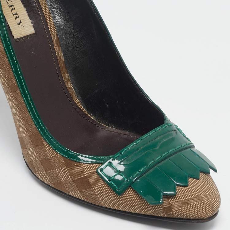 Pre Owned Burberry Brown/Green Patent Leather and Canvas Pumps Size 40