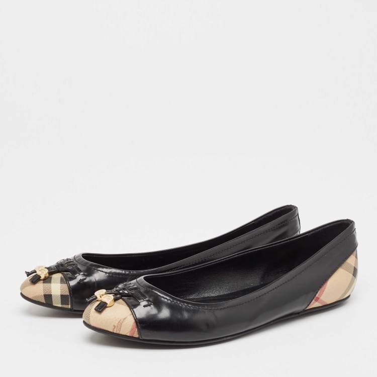 Pre Owned Burberry Black Patent Leather and Coated Canvas Ballet Flats Size 38