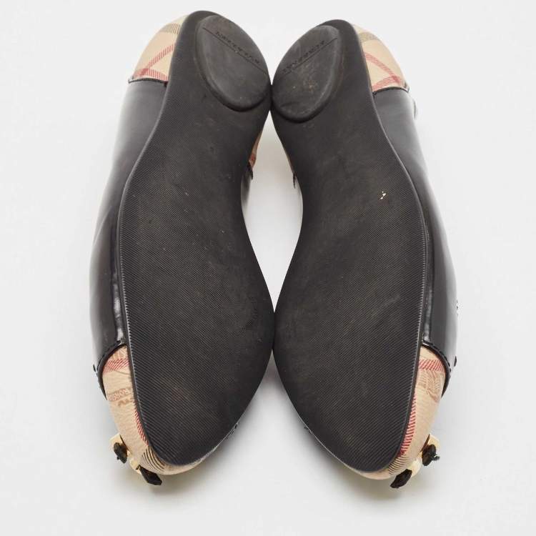 Pre Owned Burberry Black Patent Leather and Coated Canvas Ballet Flats Size 38