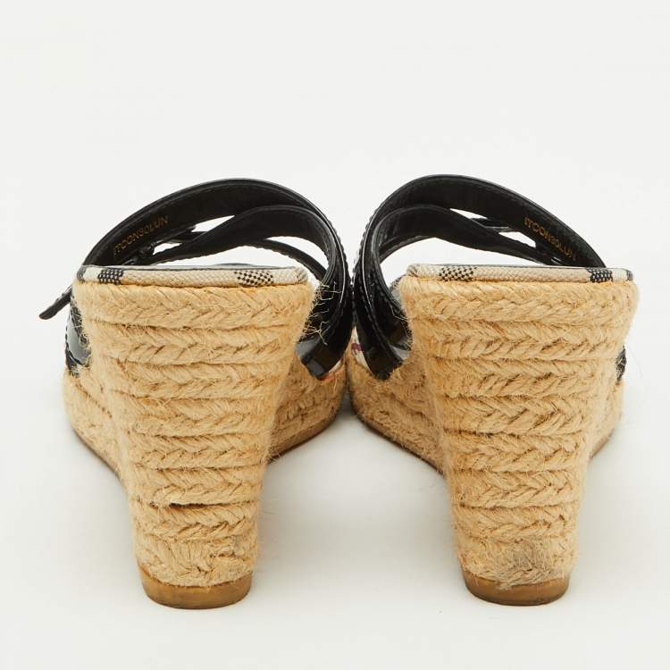 Pre Owned Burberry Black Patent Leather Strappy Wedge Espadrille Sandals Size 38