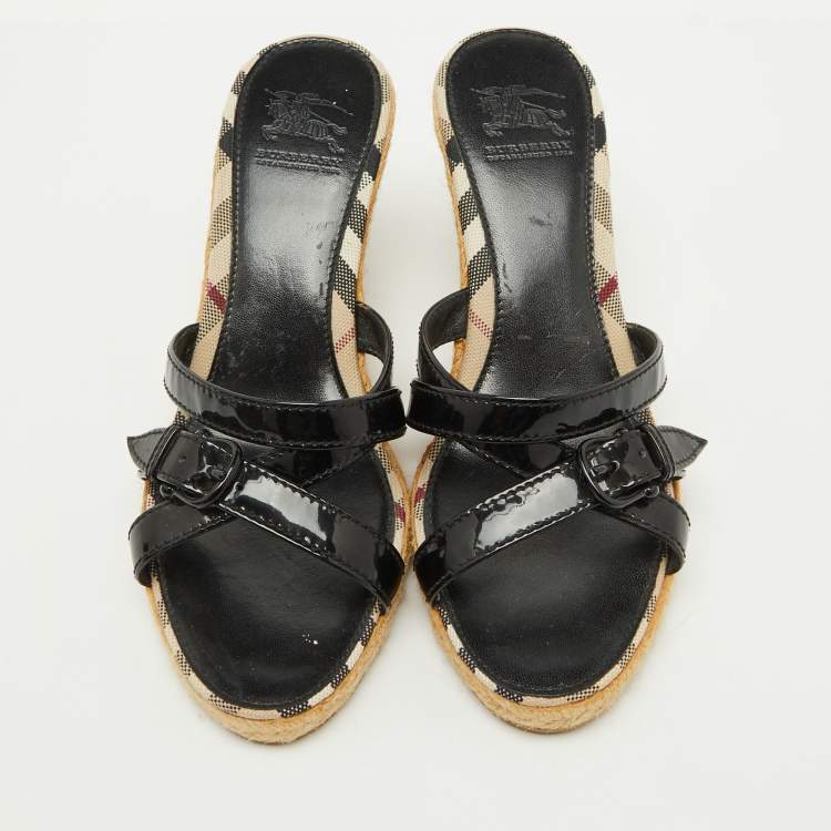 Pre Owned Burberry Black Patent Leather Strappy Wedge Espadrille Sandals Size 38