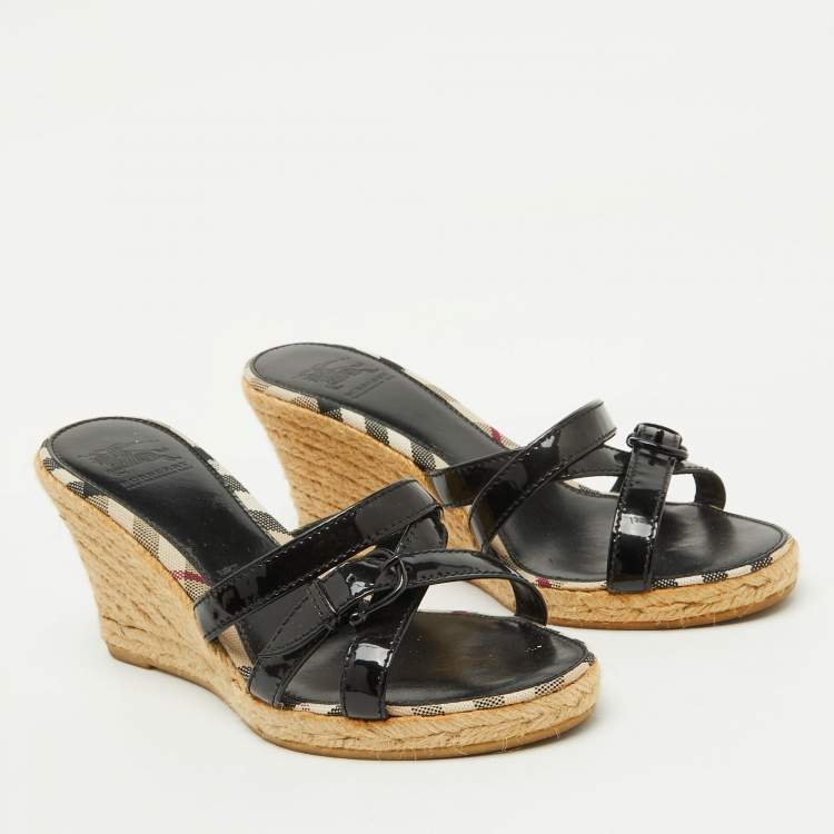 Pre Owned Burberry Black Patent Leather Strappy Wedge Espadrille Sandals Size 38