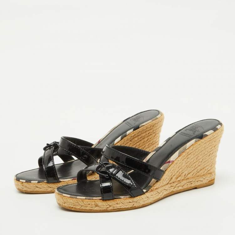 Pre Owned Burberry Black Patent Leather Strappy Wedge Espadrille Sandals Size 38