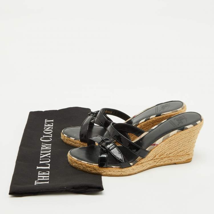 Pre Owned Burberry Black Patent Leather Strappy Wedge Espadrille Sandals Size 38